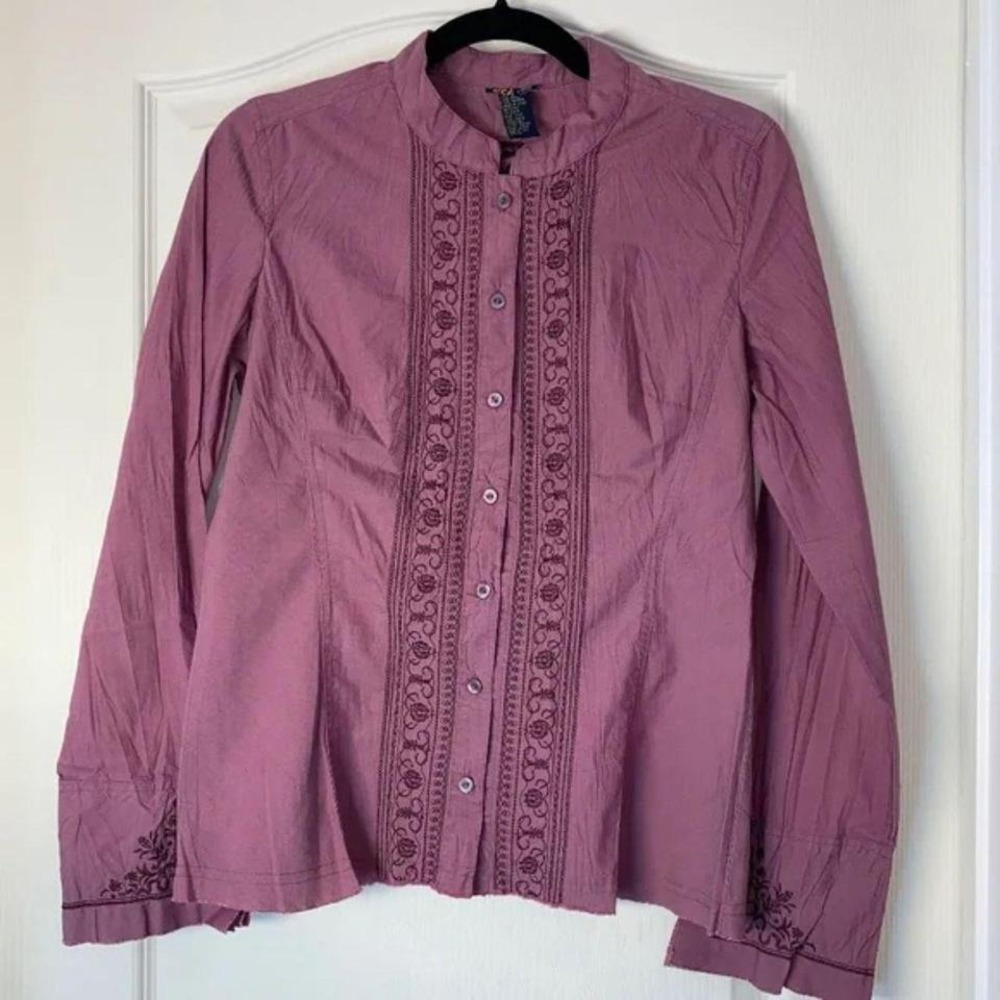 Dex Fresh Vintage Y2K Embroidered Blouse Mauve Mandarin Collar Size M Boho